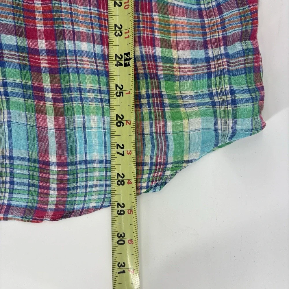 Polo Ralph Lauren 100% Linen Madras Shirt  Large Plaid Button Down Short Sleeve